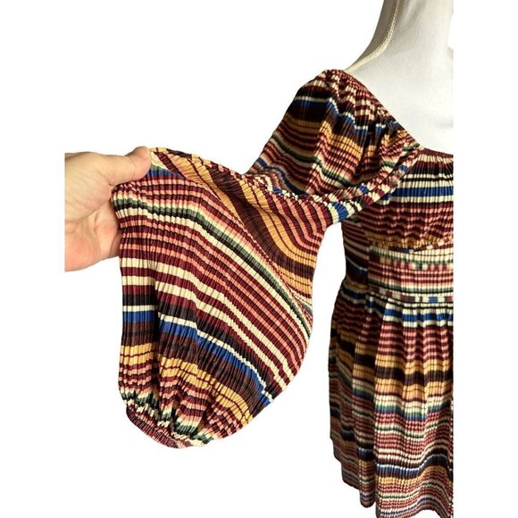 Zara Dress Fall Colors Striped Pleated Empire Waist SZ Medium Square Neck - Picture 7 of 12